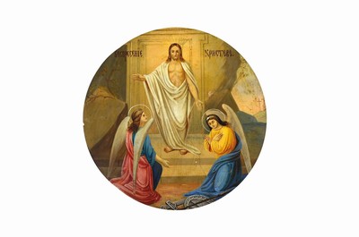 Ikone, Russland, um 1900, Jesus mit zwei Engel, rund, Eitempera/Holz, Rahmen, 38 x 42 cm