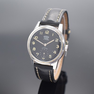 ARSA Super Herrenarmbanduhr in Stahl, Schweiz um 1960, Handaufzug, verschr. Boden sign. "Wehrmachtswerk A.Reymond LTD", schwarzes ...