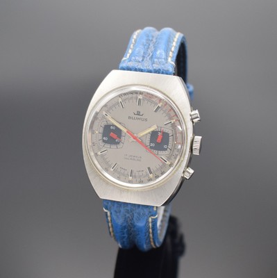 BLUMUS Herrenchronograph in Stahl, Schweiz 1970, Handaufzug, matt. Geh., Boden m. Fehlsignatur "Automatik" verschr., silb. Zifferbl. m. ...