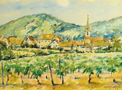 Georg Heieck, Aquarell, Pfälzer Weindorf, signiert und dat. 1964, ca. 34 x 46 cm, unter Glas, Rahmen