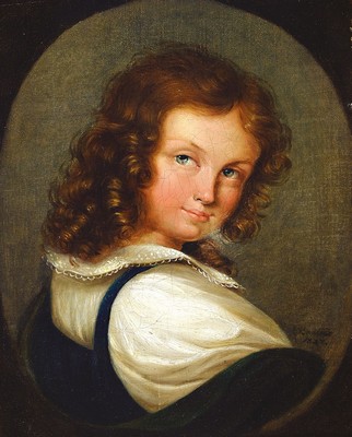 Zuschreibung: Karl Brauer, 1794 Oels/Polen - 1866, Bildnis eines jungen Mädchens mit blonden Locken, über die Schulter blickend, ovaler ...