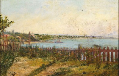 Unbekannter Orientalist des frühen 20.Jh., datiert 1912, Ansicht wohl von Konstantinopel, am Horizont die Silhouette der Stadt, links unten ...