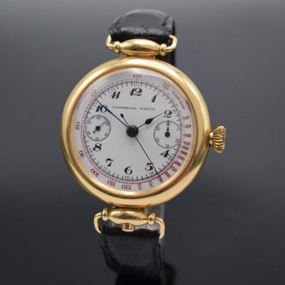 UNIVERSAL WATCH großer & früher Schaltradchronograph in GG 750/000, Schweiz um 1930, Handaufzug, neutr. Geh., Rückdeckel m. Scharnier, Drücker f. ...