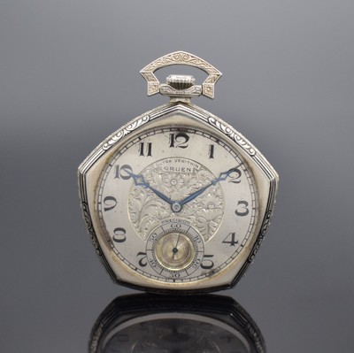 GRUEN Precision ultra verithin offene Taschenuhr in WG 585/000, Schweiz/USA um 1930, Handaufzug, Gehäuserand emaill. & floral grav., aufgedr. Boden ...
