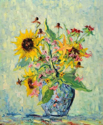 Unbekannter Künstler der 1950er/60er Jahre, Blumenstillleben, Öl/Spanplatte, unsigniert, postimpressionistische Malweise, ca. 60x50cm, R. ca. ...