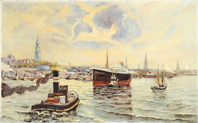 R. Buraus, Maler der Mitte des 20. Jh., Blick in den Hamburger Hafen, Öl/Lwd, rechts seitlich kleinere Oberflächenschäden, rechts unten signiert, ...