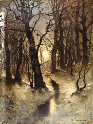 Desiré Thomassin, 1858 Wien-1933 München, Vollmond im verschneiten Winterwald, Öl/Lwd, rechts unten signiert, mit Farbschäden, besonders seitlich ...