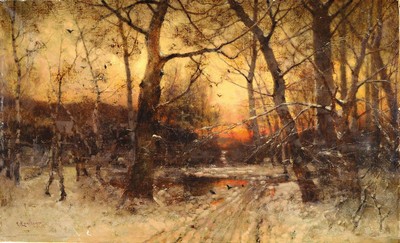 Ludwig Lanckow, 1845 Düsseldorf-1908 Hamburg, Abendrot im verschneiten Winterwald, feine Malerei im erkennbaren Stil der Düsseldorfer Schule, ...