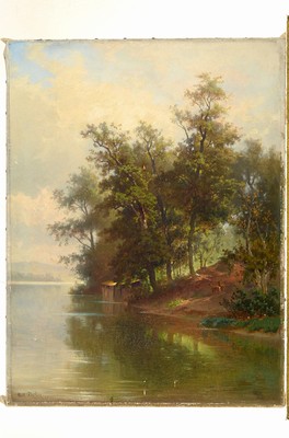 Niklaus Pfyffer, 1836-1908 Luzern, bewaldete Seeuferlandschaft mit Rehen, Öl/Lwd, links unten signiert, mit kleineren laienhaften Restaurierungen, ...