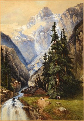 Johannes Gijsbert Vogel, 1828 Drimmelen-1915 Velp, Niederlande, Hochalpine Landschaft mit Wildbach, Hütte und Ziegen, farbfrisches Aquarell auf ...