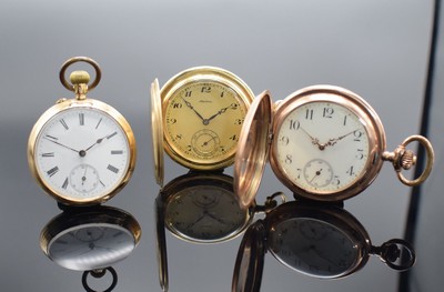 ALPINA Herrensavonette in GG 585/000 & 2 weitere Goldtaschenuhren, Schweiz um 1890 - 1920, 1. Alpina m. gut erhaltenem guill. Louis-XVI Geh., gold. ...