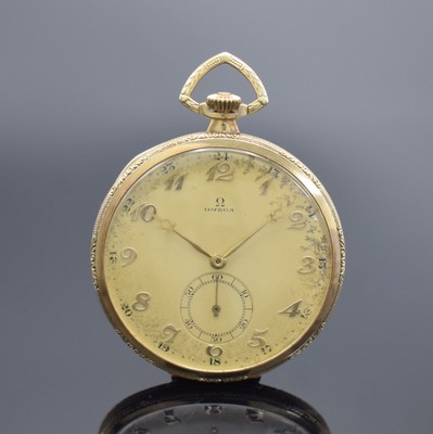 OMEGA Frackuhr in GG 585/000, Schweiz um 1925, flaches, streifen-guill. Geh. m. Monogramm-Grav., fein gerippter Rand, Metallcuvette m. ...