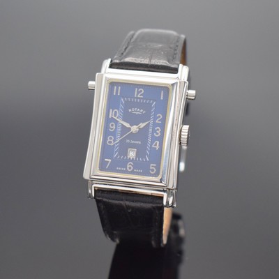 ROTARY rechteckige drehbare Herrenarmbanduhr in Stahl, Schweiz um 2000, Automatik, Ref. G9170, beids. vergl. Geh., Boden 8-fach verschr., blaues ...