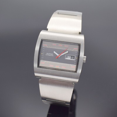 ALPINA nahezu neuwertige Herrenarmbanduhr im 1970er Jahre Design in Stahl, Schweiz, Automatik, Monocoque-Geh., unsign. Stahlband m. Faltschl. aus der ...