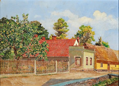 J. Hangen, datiert (19)44, Blick auf eine Häuserzeile, Öl/Hartfaser, rechts unten signiert und dat., ca. 40x56cm, R. ca. 50x65cm
