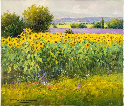 Gerhard Nesvadba, geb. 1941 Hessen, zwei Landschaften, herbstliche Weingegend, 70x80cm und Sonnenblumen in der Provence, 60x80 cm, jesigniert, ÖL/Lwd