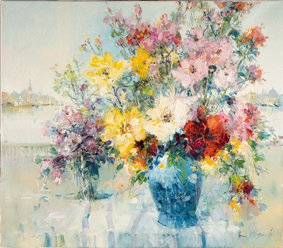 Ingfried Paul Henze Morro, 1925 Leipzig-2013 , Studium an den Akademien Leipzig und München, Stillleben mit Blumen vor der Kulissevon Venedig, ...
