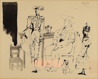 Pablo Picasso (nach), 1881 Malaga - 1973 Mougins, "Deux Picadors et Femme", Pochoir -Lithographie, realisiert 1967 durch Daniel Jacomet, ...