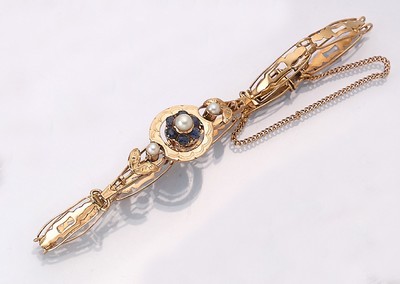 14 kt Gold Perl-Saphir-Armband, GG 585/000,um 1890-1900, Mittelteil floral mit 3 Perlen und 6 rundfacett. Saphiren, L. ca. 17.5 cm, ca. 5.0 g, ...