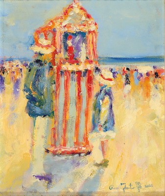 Ross Foster, zeitgenössischer Künstler, 2 Arbeiten: Strandszenen, Öl/Platte, je signiert und datiert 2002, Rahmen, 24x28 cm