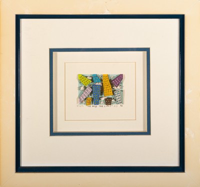 James Rizzi, 1950-2011, 3D-Farbserigraphie, "Sky is the Limit" (1990), A/P (Probedruck), handsigniert, Bild 5,5x7,5 cm, unter Glas gerahmt, ...