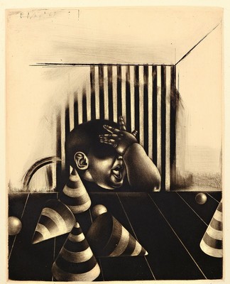 Peter Nagel, geb. 1941 Kiel, Ohne Titel, Mezzotinto von 1968, signiert und dat., bez.: Probedruck (rosa), leicht fleckig, gebräunt, ca. 30.5x24.5cm, ...