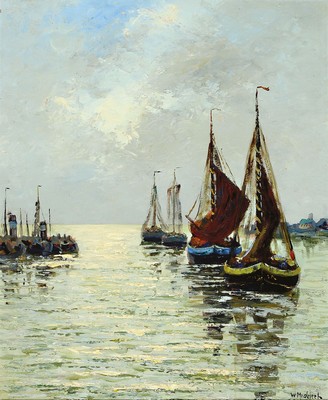 Carl Wilhelm Mosblech, 1868 Barmen-1934 Düsseldorf, ausfahrende Fischerboote, Öl/Hartfaser, rechts unten signiert, ca. 60x50cm, R. ca. 67x57cm