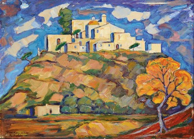 Rudolf Karpenstein, 1892-1974 Idar-Oberstein, Ansicht von Santa Eulalia auf Ibiza, Öl/Hartfaserplatte, links unten signiert, ca. 54x75cm, R. ca. ...