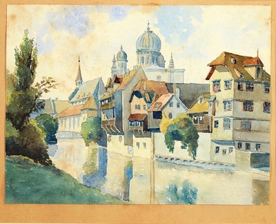 Unbekannter Künstler, deutsch, um 1900, Blick auf die alte Synagoge in Nürnberg, Aquarell auf Papier, fleckig, ca. 19x25cm, u.Gl., R. ca. 33x37cm