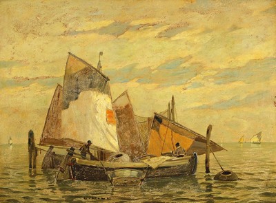 Ludwig Dill, 1848 Gernsbach-1940 Karlsruhe, Fischerboote bei Chioggia, Öl/Malkarton, signiert, ca. 56x76cm, R. ca. 69x89cm
