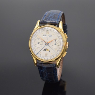 VALJOUX 195 vergoldeter Schaltradchronograph mit Vollkalender, Schweiz 1980er Jahre, Handaufzug, beids. vergl. Geh., Boden aufgedr., Korrekturdr. f. ...