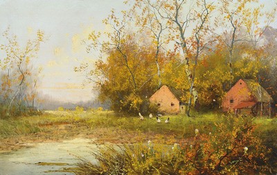 Minna Bachmann, erwähnt zwischen 1860-1887, Landschaft mit Bauernhäusern am See, Öl/Lwd, rest., rechts unten signiert, ca. 42x62cm, aufwändiger ...