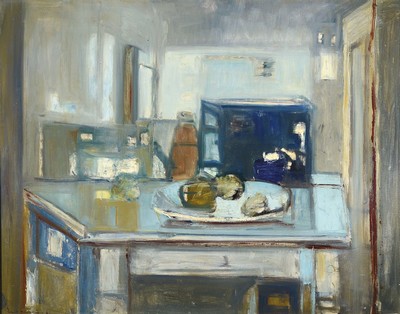 Emil Reichmuth, 1931 San Francisco-2017 Witikon/Schweiz, Interieur mit Stillleben, Öl/Lwd, rest., links unten signiert, ca. 78x97cm, R. ca. 82x100cm