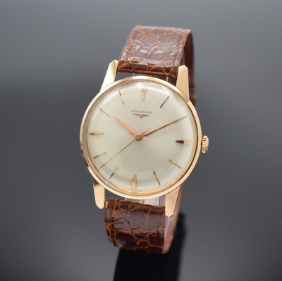 LONGINES Armbanduhr in RG 750/000, Schweiz um 1965, Handaufzug, Boden aufgedr., orig. Lederband m. verg. Dornschl., silb. Zifferbl. m. gold. ...