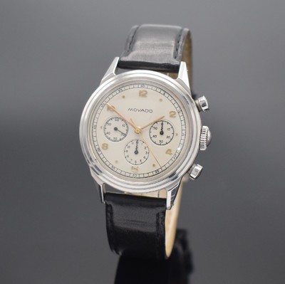 MOVADO Chronograph in Stahl mit Kaliber 90, Schweiz um 1955, Handaufzug, 2-teil. Gehäuse, Boden geschr., silb. Zifferbl. rest., gold. Std.-Ind., ...