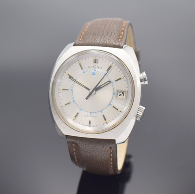LEMANIA Armbandwecker in Stahl, Schweiz um 1970, Automatik, tonneauförm. Geh., Boden geschr., silb. Zifferbl. m. aufges. Std.-Ind., schwarze Zeiger, ...