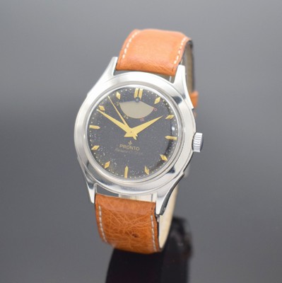 PRONTO Reserv-O-Graf seltene Herrenarmbanduhr in Stahl mit Gangreserveanzeige, Schweiz um 1950, Automatik, 2-teil. Geh., Boden bez. Mulco verschr., ...