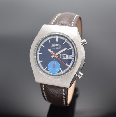 SEIKO gut erhaltener Schaltradchronograph Referenz 6139-8020, Automatik, Japan um 1970, Edelstahlgeh., Boden verschr., blaues Zifferbl., Anz. v. ...
