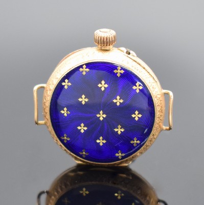 Frühe kleine Gold-Email Damenarmbanduhr in RG 750/000, Schweiz um 1910, Handaufzug, Scharniergeh. m. Goldcuvette, Rückdeckel transluzid blau ...