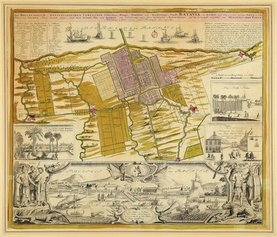 Homanns Erben, "Prospect mit Batavia", Kupferstich von 1733, Titel: "Der Holländisch Ostindianischen Compagnie Weltberühmte Haupt-, ...