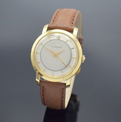 ETERNA-MATIC Herrenarmbanduhr in GG 750/000, Schweiz um 1955, Automatik, 3-teil. Gehäuse, Boden & Glasrand aufgedr., silb. Duoton- Zifferbl. m. ...