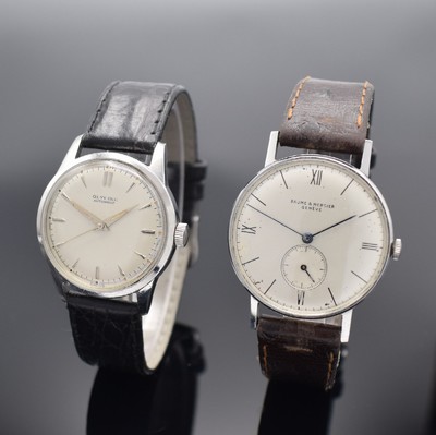GLYCINE & BAUME MERCIER 2 Herrenarmbanduhren in Stahl, Schweiz, 1) Baume & Mercier um 1940, Boden aufgedr., silb. Zifferbl. fl., gebl. Zeiger, Kal. ...