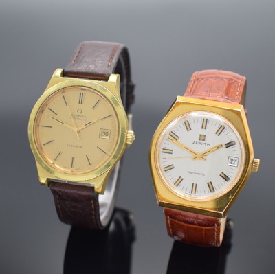 OMEGA & ZENITH 2 vergoldete Herrenarmbanduhren, Schweiz um 1970, Automatik, 1) Omega mit geschr. Boden, gold. Zifferbl., Datum, verg. Werk Kal. 1012, ...