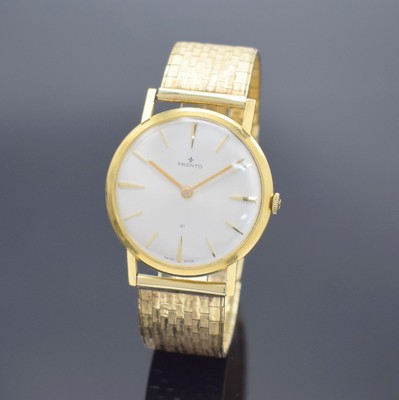 PRONTO Herrengolduhr in GG 750/000 mit Band in GG 585/000, Schweiz um 1960, Handaufzug, 2 -teil. Geh., Boden aufgedr., neutr. Goldband später, silb. ...