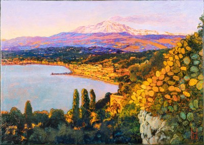Uwe Herbst, geb.1952 Köln, süditalienische Landschaft, Ansicht Taorminas mit Ätna im Abendlicht, neo-impressionistischer Duktus, rechts unten ...