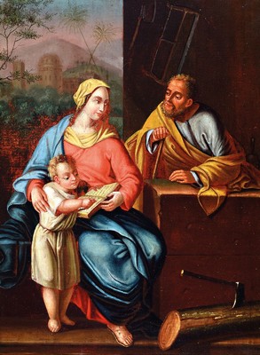 Unbekannter Künstler des 19. Jh., Die Heilige Familie in der Werkstatt Josefs, Öl/Lwd, ca. 44x33cm, R. ca. 54x43cm