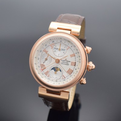 JACQUES LEMANS Armbandchronograph mit Vollkalenderanzeige, Automatik, Schweiz um 1995, rosé-verg. Edelstahlgeh. inkl. orig. Lederband m. orig. ...