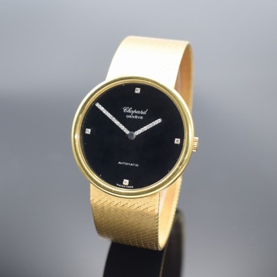 CHOPARD Armbanduhr in GG 750/000, Automatik, Schweiz um 1980, 2-teil. Geh. inkl. Milanaiseband, Boden aufgedr., schwarzes Zifferbl. m. 4 aufgel. ...