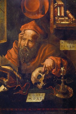 Unbekannter Künstler des 18. Jh., Der Hl. Hieronymus im Gehäus, am Schreibtisch mit Buch, Schädel und Kerzenleuchter, in der Tradition der ...