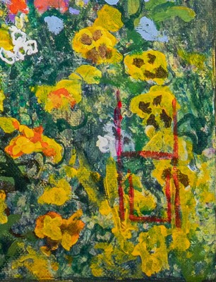 Uwe Herbst, geb. 1952 Köln, "Wilder Garten" so verso bez., Landschaftsausschnitt mit buntem Blütenmeer, rechts unten ...